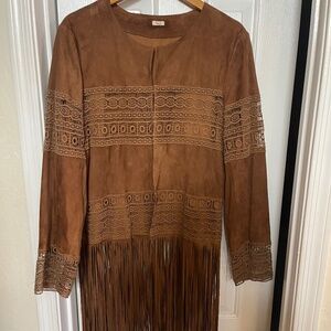 Reba Camel Brown Suede/ Leather Crochet Fringe Jacket L